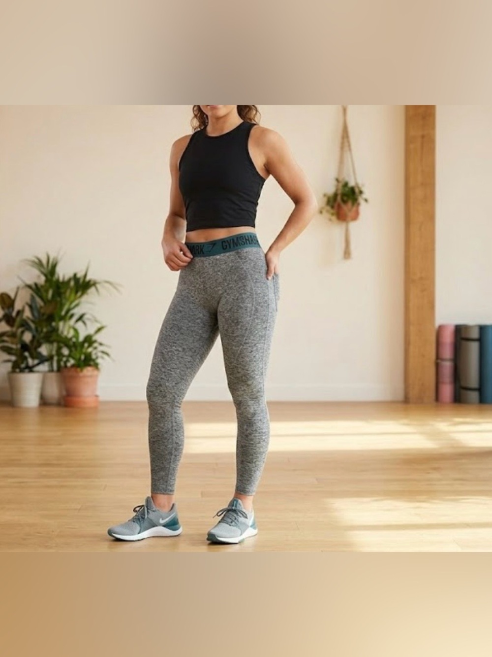 Gymshark Grey Seamless High-Waist Leggings with Teal Logo Band size M